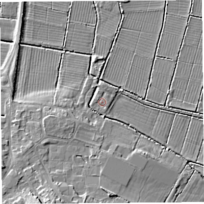 Shaded relief map of the ground around BA160JQ, computed from Environment Agency LiDAR. The ground here sits at about 7 m above sea level and falls 13 m across the surrounding 800 m. Surface water reaching this point runs off ground lying to the north-west, 1.1 m higher.