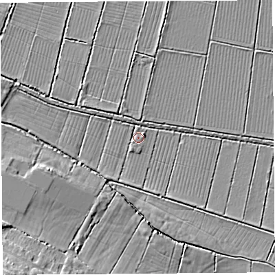 Shaded relief map of the ground around BA160JY, computed from Environment Agency LiDAR. The ground here sits at about 6 m above sea level and falls 11 m across the surrounding 800 m. Surface water reaching this point runs off ground lying to the west, 2.5 m higher.