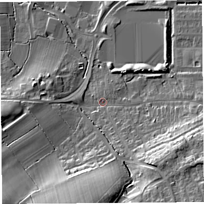 Shaded relief map of the ground around BA160LR, computed from Environment Agency LiDAR. The ground here sits at about 15 m above sea level and falls 23 m across the surrounding 800 m. Surface water reaching this point runs off ground lying to the east-south-east, 15.8 m higher.