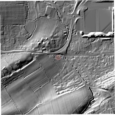 Shaded relief map of the ground around BA160NZ, computed from Environment Agency LiDAR. The ground here sits at about 16 m above sea level and falls 23 m across the surrounding 800 m. Surface water reaching this point runs off ground lying to the south, 18.2 m higher.