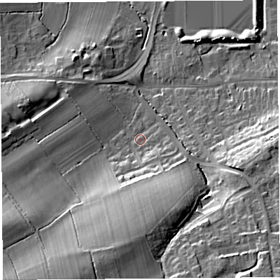 Shaded relief map of the ground around BA160PZ, computed from Environment Agency LiDAR. The ground here sits at about 17 m above sea level and falls 25 m across the surrounding 800 m. Surface water reaching this point runs off ground lying to the south, 16.3 m higher.