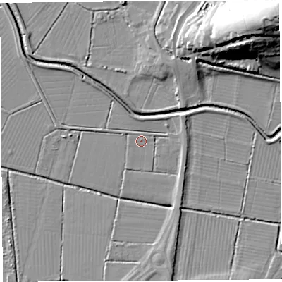 Shaded relief map of the ground around BA169PA, computed from Environment Agency LiDAR. The ground here sits at about 6 m above sea level and falls 40 m across the surrounding 800 m. Surface water reaching this point runs off ground lying to the east-north-east, 3.5 m higher.
