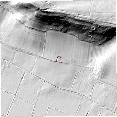 Shaded relief map of the ground around BA169RH, computed from Environment Agency LiDAR. The ground here sits at about 14 m above sea level and falls 80 m across the surrounding 800 m. Surface water reaching this point runs off ground lying to the north, 63.1 m higher.