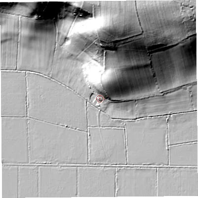 Shaded relief map of the ground around BA169RJ, computed from Environment Agency LiDAR. The ground here sits at about 7 m above sea level and falls 53 m across the surrounding 800 m. Surface water reaching this point runs off ground lying to the north-north-east, 20.6 m higher.