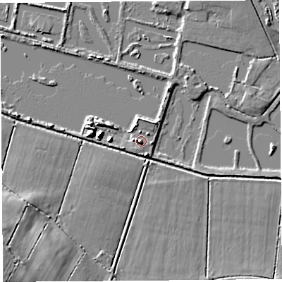 Shaded relief map of the ground around BA169SB, computed from Environment Agency LiDAR. The ground here sits at about 4 m above sea level and falls 13 m across the surrounding 800 m. Surface water reaching this point runs off ground lying to the west-south-west, 3.7 m higher.