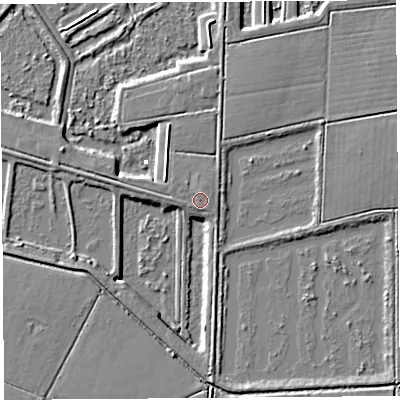 Shaded relief map of the ground around BA169SE, computed from Environment Agency LiDAR. The ground here sits at about 3 m above sea level and falls 5 m across the surrounding 800 m. Surface water reaching this point runs off ground lying to the north, 0.8 m higher.
