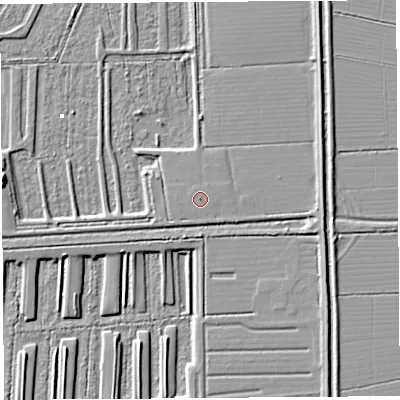 Shaded relief map of the ground around BA169SG, computed from Environment Agency LiDAR. The ground here sits at about 4 m above sea level and falls 10 m across the surrounding 800 m. The ground contributing surface water to this point lies to the north-north-east.