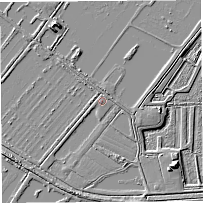 Shaded relief map of the ground around BA169SQ, computed from Environment Agency LiDAR. The ground here sits at about 3 m above sea level and falls 11 m across the surrounding 800 m. Surface water reaching this point runs off ground lying to the west, 1.8 m higher.
