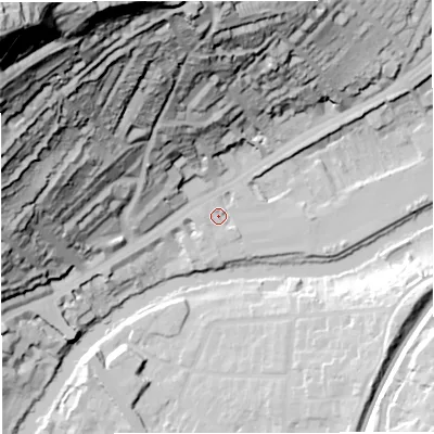 Shaded relief map of the ground around BA16AE, computed from Environment Agency LiDAR. The ground here sits at about 22 m above sea level and falls 131 m across the surrounding 800 m. Surface water reaching this point runs off ground lying to the west, 2.2 m higher.