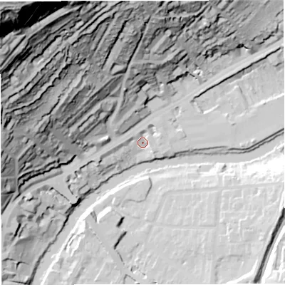 Shaded relief map of the ground around BA16AF, computed from Environment Agency LiDAR. The ground here sits at about 21 m above sea level and falls 137 m across the surrounding 800 m. Surface water reaching this point runs off ground lying to the north-north-west, 3.8 m higher.