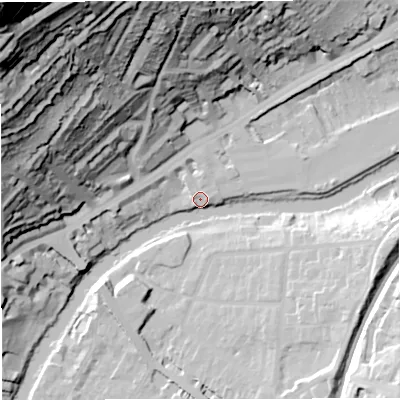 Shaded relief map of the ground around BA16AG, computed from Environment Agency LiDAR. The ground here sits at about 21 m above sea level and falls 130 m across the surrounding 800 m. Surface water reaching this point runs off ground lying to the east-south-east, 16.5 m higher.