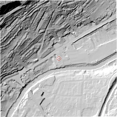 Shaded relief map of the ground around BA16AJ, computed from Environment Agency LiDAR. The ground here sits at about 23 m above sea level and falls 137 m across the surrounding 800 m. Surface water reaching this point runs off ground lying to the west-north-west, 3.3 m higher.