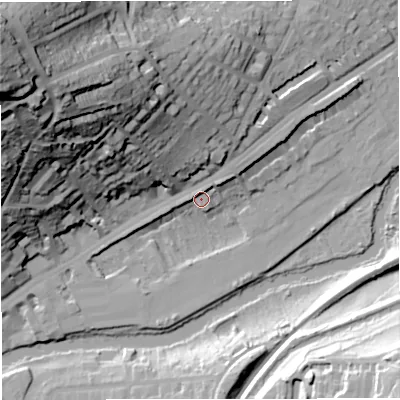 Shaded relief map of the ground around BA16AR, computed from Environment Agency LiDAR. The ground here sits at about 24 m above sea level and falls 84 m across the surrounding 800 m. Surface water reaching this point runs off ground lying to the north-east, 4.0 m higher.