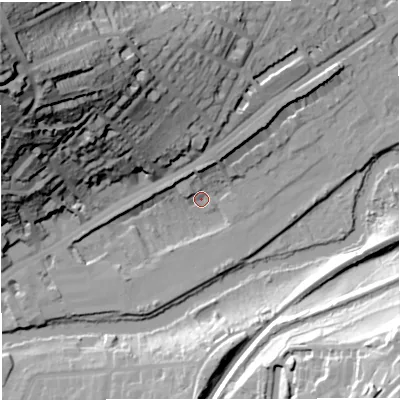 Shaded relief map of the ground around BA16AS, computed from Environment Agency LiDAR. The ground here sits at about 21 m above sea level and falls 76 m across the surrounding 800 m. Surface water reaching this point runs off ground lying to the north-west, 74.6 m higher.