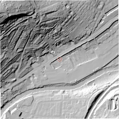 Shaded relief map of the ground around BA16AW, computed from Environment Agency LiDAR. The ground here sits at about 20 m above sea level and falls 106 m across the surrounding 800 m. Surface water reaching this point runs off ground lying to the north-west, 104.2 m higher.