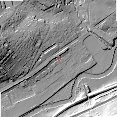 Shaded relief map of the ground around BA16BA, computed from Environment Agency LiDAR. The ground here sits at about 25 m above sea level and falls 50 m across the surrounding 800 m. Surface water reaching this point runs off ground lying to the west, 5.7 m higher.