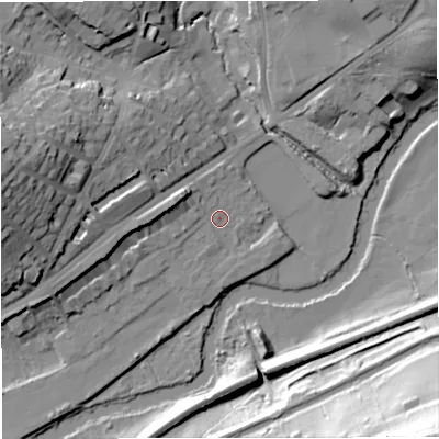 Shaded relief map of the ground around BA16BB, computed from Environment Agency LiDAR. The ground here sits at about 23 m above sea level and falls 57 m across the surrounding 800 m. Surface water reaching this point runs off ground lying to the west-north-west, 7.3 m higher.