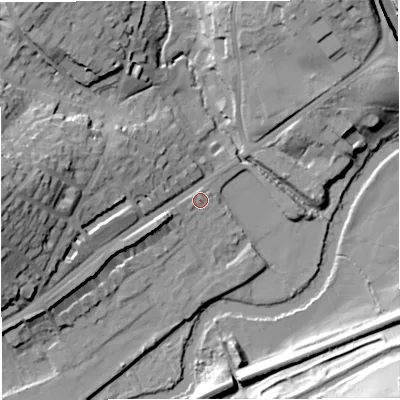 Shaded relief map of the ground around BA16BD, computed from Environment Agency LiDAR. The ground here sits at about 24 m above sea level and falls 35 m across the surrounding 800 m. Surface water reaching this point runs off ground lying to the west, 25.1 m higher.