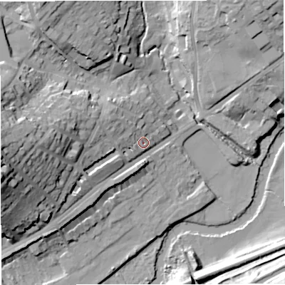 Shaded relief map of the ground around BA16BJ, computed from Environment Agency LiDAR. The ground here sits at about 26 m above sea level and falls 40 m across the surrounding 800 m. Surface water reaching this point runs off ground lying to the west-north-west, 7.4 m higher.