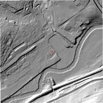 Shaded relief map of the ground around BA16BL, computed from Environment Agency LiDAR. The ground here sits at about 22 m above sea level and falls 56 m across the surrounding 800 m. Surface water reaching this point runs off ground lying to the west-north-west, 2.2 m higher.