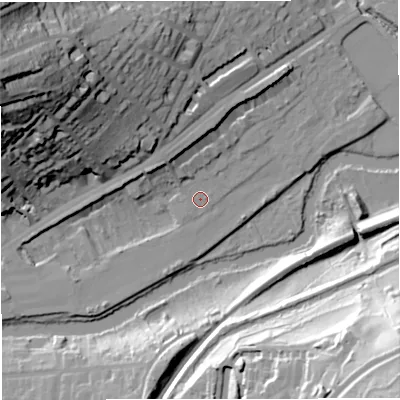 Shaded relief map of the ground around BA16BP, computed from Environment Agency LiDAR. The ground here sits at about 22 m above sea level and falls 63 m across the surrounding 800 m. Surface water reaching this point runs off ground lying to the north-north-west, 8.8 m higher.