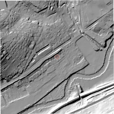 Shaded relief map of the ground around BA16BS, computed from Environment Agency LiDAR. The ground here sits at about 24 m above sea level and falls 47 m across the surrounding 800 m. Surface water reaching this point runs off ground lying to the north-north-west, 5.6 m higher.