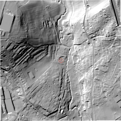 Shaded relief map of the ground around BA16BZ, computed from Environment Agency LiDAR. The ground here sits at about 29 m above sea level and falls 71 m across the surrounding 800 m. Surface water reaching this point runs off ground lying to the west-south-west, 4.7 m higher.