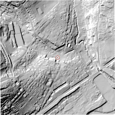 Shaded relief map of the ground around BA16FA, computed from Environment Agency LiDAR. The ground here sits at about 30 m above sea level and falls 57 m across the surrounding 800 m. Surface water reaching this point runs off ground lying to the west-south-west, 45.2 m higher.