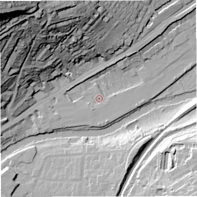 Shaded relief map of the ground around BA16FB, computed from Environment Agency LiDAR. The ground here sits at about 20 m above sea level and falls 97 m across the surrounding 800 m. Surface water reaching this point runs off ground lying to the south-south-west, 2.9 m higher.