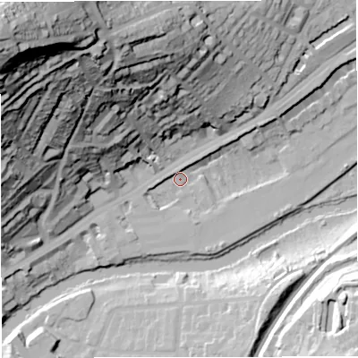 Shaded relief map of the ground around BA16FW, computed from Environment Agency LiDAR. The ground here sits at about 21 m above sea level and falls 105 m across the surrounding 800 m. Surface water reaching this point runs off ground lying to the north-west, 103.3 m higher.