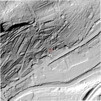Shaded relief map of the ground around BA16LN, computed from Environment Agency LiDAR. The ground here sits at about 30 m above sea level and falls 113 m across the surrounding 800 m. Surface water reaching this point runs off ground lying to the north-west, 96.7 m higher.