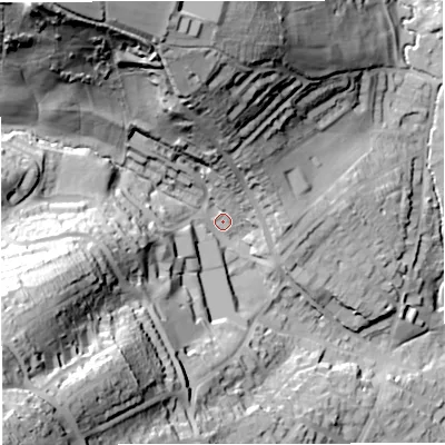 Shaded relief map of the ground around BA16NY, computed from Environment Agency LiDAR. The ground here sits at about 38 m above sea level and falls 88 m across the surrounding 800 m. Surface water reaching this point runs off ground lying to the north-west, 67.6 m higher.