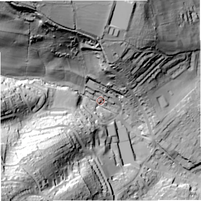 Shaded relief map of the ground around BA16PB, computed from Environment Agency LiDAR. The ground here sits at about 43 m above sea level and falls 88 m across the surrounding 800 m. Surface water reaching this point runs off ground lying to the north-west, 76.2 m higher.