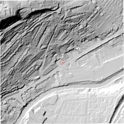 Shaded relief map of the ground around BA16PF, computed from Environment Agency LiDAR. The ground here sits at about 23 m above sea level and falls 136 m across the surrounding 800 m. Surface water reaching this point runs off ground lying to the north-west, 131.7 m higher.