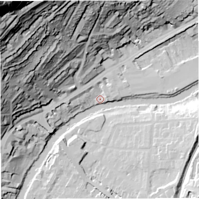 Shaded relief map of the ground around BA16PH, computed from Environment Agency LiDAR. The ground here sits at about 20 m above sea level and falls 132 m across the surrounding 800 m. Surface water reaching this point runs off ground lying to the east, 16.4 m higher.