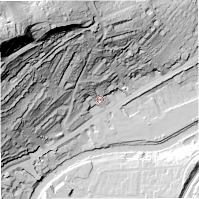 Shaded relief map of the ground around BA16PQ, computed from Environment Agency LiDAR. The ground here sits at about 26 m above sea level and falls 136 m across the surrounding 800 m. Surface water reaching this point runs off ground lying to the north-north-west, 42.1 m higher.