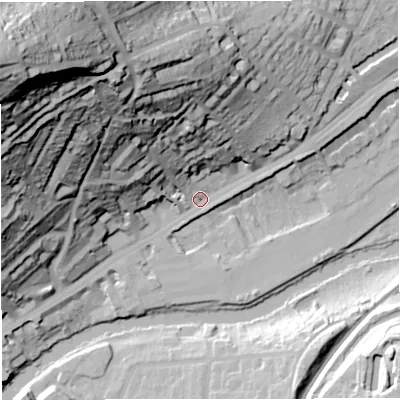 Shaded relief map of the ground around BA16PR, computed from Environment Agency LiDAR. The ground here sits at about 23 m above sea level and falls 106 m across the surrounding 800 m. Surface water reaching this point runs off ground lying to the north-north-west, 58.7 m higher.