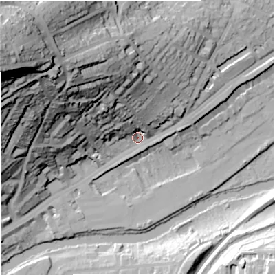 Shaded relief map of the ground around BA16PT, computed from Environment Agency LiDAR. The ground here sits at about 26 m above sea level and falls 97 m across the surrounding 800 m. Surface water reaching this point runs off ground lying to the north-west, 56.8 m higher.