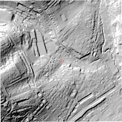 Shaded relief map of the ground around BA16QZ, computed from Environment Agency LiDAR. The ground here sits at about 33 m above sea level and falls 74 m across the surrounding 800 m. Surface water reaching this point runs off ground lying to the west-south-west, 62.1 m higher.