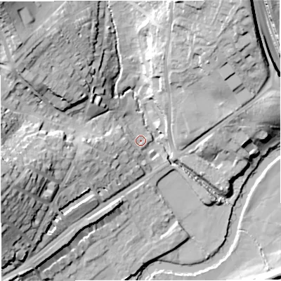 Shaded relief map of the ground around BA16RX, computed from Environment Agency LiDAR. The ground here sits at about 23 m above sea level and falls 35 m across the surrounding 800 m. Surface water reaching this point runs off ground lying to the west, 8.8 m higher.
