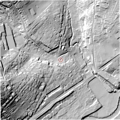 Shaded relief map of the ground around BA16RY, computed from Environment Agency LiDAR. The ground here sits at about 28 m above sea level and falls 49 m across the surrounding 800 m. Surface water reaching this point runs off ground lying to the west-south-west, 38.8 m higher.