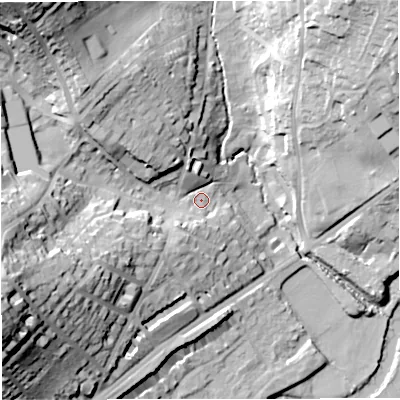 Shaded relief map of the ground around BA16RZ, computed from Environment Agency LiDAR. The ground here sits at about 27 m above sea level and falls 47 m across the surrounding 800 m. Surface water reaching this point runs off ground lying to the north-west, 38.0 m higher.