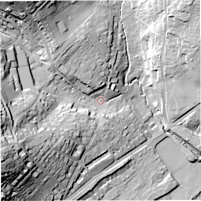 Shaded relief map of the ground around BA16SD, computed from Environment Agency LiDAR. The ground here sits at about 28 m above sea level and falls 54 m across the surrounding 800 m. Surface water reaching this point runs off ground lying to the west-south-west, 43.2 m higher.