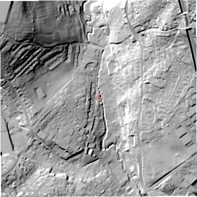 Shaded relief map of the ground around BA16ST, computed from Environment Agency LiDAR. The ground here sits at about 27 m above sea level and falls 62 m across the surrounding 800 m. Surface water reaching this point runs off ground lying to the west, 14.5 m higher.