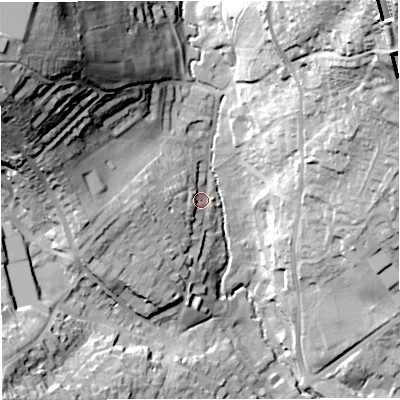 Shaded relief map of the ground around BA16SX, computed from Environment Agency LiDAR. The ground here sits at about 30 m above sea level and falls 64 m across the surrounding 800 m. Surface water reaching this point runs off ground lying to the west, 8.5 m higher.