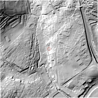 Shaded relief map of the ground around BA17BE, computed from Environment Agency LiDAR. The ground here sits at about 27 m above sea level and falls 65 m across the surrounding 800 m. Surface water reaching this point runs off ground lying to the north-east, 11.4 m higher.