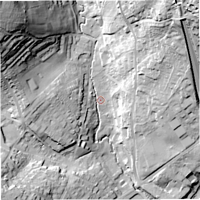 Shaded relief map of the ground around BA17BG, computed from Environment Agency LiDAR. The ground here sits at about 26 m above sea level and falls 63 m across the surrounding 800 m. Surface water reaching this point runs off ground lying to the north-east, 53.4 m higher.