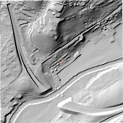 Shaded relief map of the ground around BA17BZ, computed from Environment Agency LiDAR. The ground here sits at about 23 m above sea level and falls 67 m across the surrounding 800 m. Surface water reaching this point runs off ground lying to the north, 14.0 m higher.
