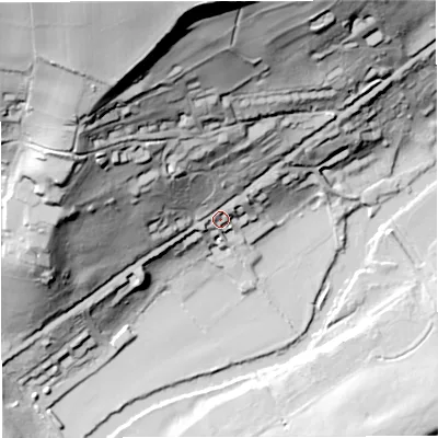 Shaded relief map of the ground around BA17DD, computed from Environment Agency LiDAR. The ground here sits at about 31 m above sea level and falls 97 m across the surrounding 800 m. Surface water reaching this point runs off ground lying to the north-north-west, 81.7 m higher.
