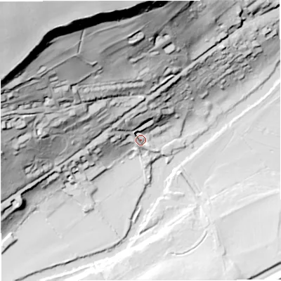 Shaded relief map of the ground around BA17DE, computed from Environment Agency LiDAR. The ground here sits at about 24 m above sea level and falls 104 m across the surrounding 800 m. Surface water reaching this point runs off ground lying to the north-north-west, 23.2 m higher.